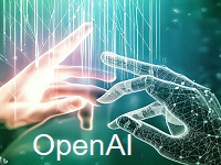 illustration pour OpenIA : une main humaine et l'architecture d'une main sous forme de traits et de points dont le bout des index se rejoignent sur fond digital vert