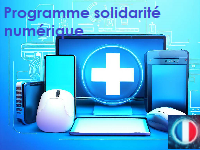 Ensemble multimédia - Smartphone, tablette, souris, clavier, écran d'ordinateur. L'écran de l'ordinateur affiche une croix bleu pour secours. Plus mini une icone bleue blanc rouge indiquant RF.